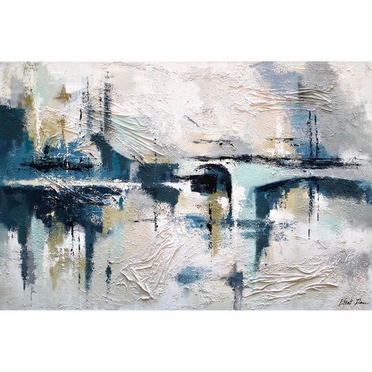 עיר בגווני כחול– ציור מופשט אורבני בגווני כחול, לבן וניוד I שלווה, מסתורין ורכות מודרנית | הדפס ציור מקורי אפרת אילן